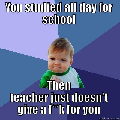 YOU STUDIED ALL DAY FOR SCHOOL THEN TEACHER JUST DOESN'T GIVE A F**K FOR YOU Success Kid