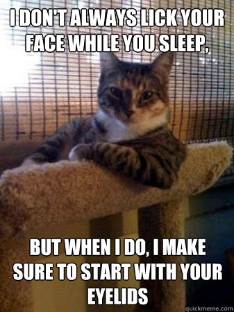 I don't always lick your face while you sleep, but when I do, I make sure to start with your eyelids  The Most Interesting Cat in the World