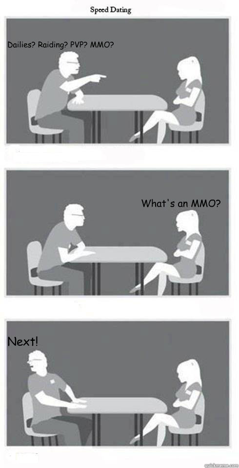 Dailies? Raiding? PVP? MMO? What's an MMO? Next!  Speed Dating