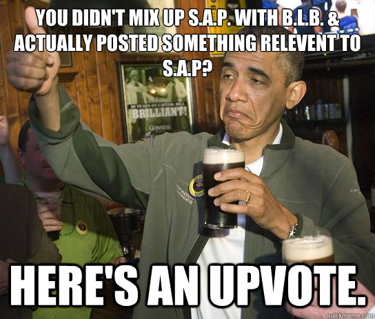 You didn't mix up S.A.P. with B.L.B. & actually posted something relevent to S.A.P? Here's an upvote.  Upvoting Obama