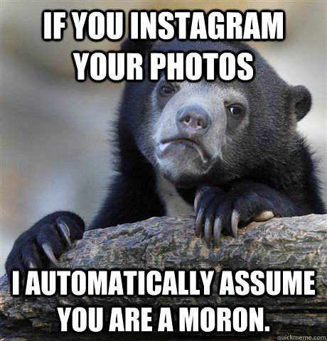 If you instagram your photos I automatically assume you are a moron.  Confession Bear