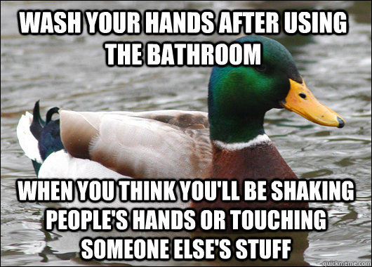 wash your hands after using the bathroom when you think you'll be shaking people's hands or touching someone else's stuff  Actual Advice Mallard