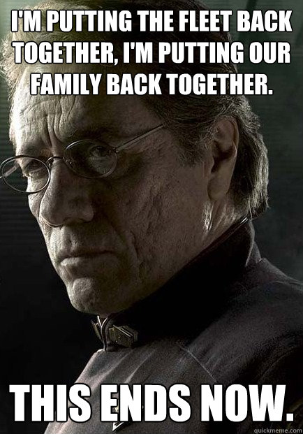 I'm putting the fleet back together, I'm putting our family back together. This ends now. - I'm putting the fleet back together, I'm putting our family back together. This ends now.  William Adama