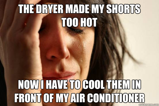 the dryer made my shorts too hot now i have to cool them in front of my air conditioner  First World Problems