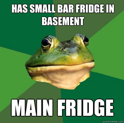 has small bar fridge in basement main fridge  Foul Bachelor Frog