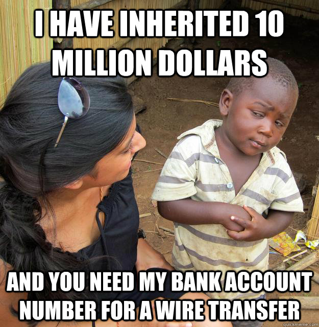 I have inherited 10 million dollars and you need my bank account number for a wire transfer  Skeptical Third World Baby