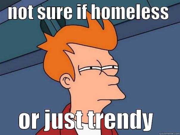   NOT SURE IF HOMELESS         OR JUST TRENDY      Futurama Fry