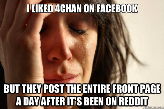 I liked 4Chan on facebook But they post the entire front page a day after it's been on reddit  First World Problems