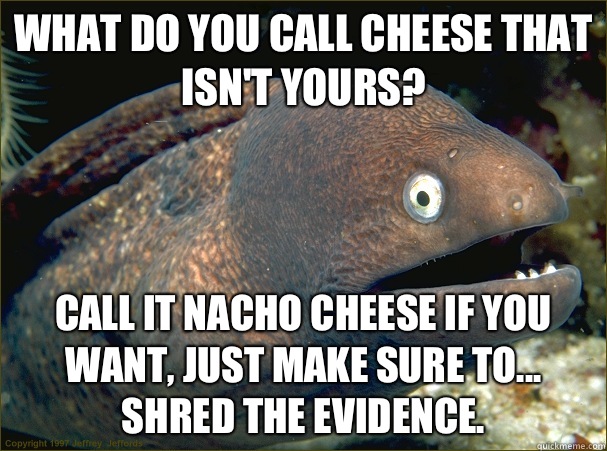 What do you call cheese that isn't yours? Call it nacho cheese if you want, just make sure to...
shred the evidence. - What do you call cheese that isn't yours? Call it nacho cheese if you want, just make sure to...
shred the evidence.  Bad Joke Eel