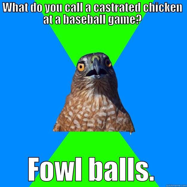 WHAT DO YOU CALL A CASTRATED CHICKEN AT A BASEBALL GAME? FOWL BALLS. Hawkward