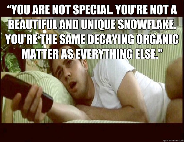 “You are not special. You're not a beautiful and unique snowflake. You're the same decaying organic matter as everything else.