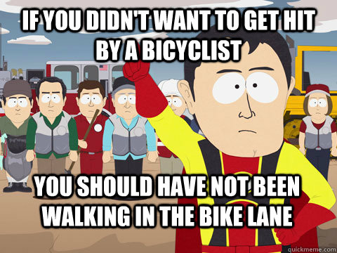 If you didn't want to get hit by a bicyclist   you should have not been walking in the bike lane  Captain Hindsight