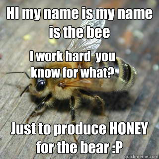 HI my name is my name is the bee Just to produce HONEY for the bear :P I work hard  you know for what?  Hivemind bee