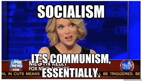 Socialism It's communism, essentially.  Euphemism Megyn Kelly