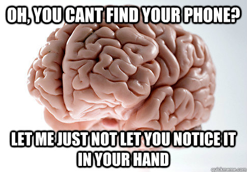 oh, you cant find your phone? let me just not let you notice it in your hand   Scumbag Brain