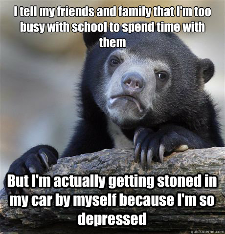I tell my friends and family that I'm too busy with school to spend time with them But I'm actually getting stoned in my car by myself because I'm so depressed - I tell my friends and family that I'm too busy with school to spend time with them But I'm actually getting stoned in my car by myself because I'm so depressed  Confession Bear