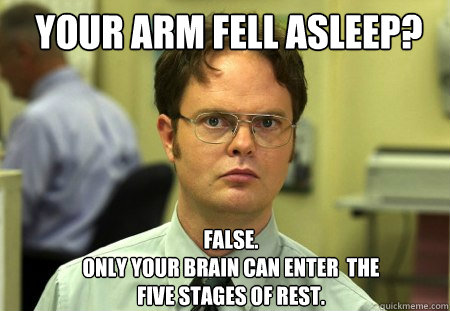 Your arm fell asleep? FALSE.  
only your brain can enter  the five stages of rest. - Your arm fell asleep? FALSE.  
only your brain can enter  the five stages of rest.  Schrute