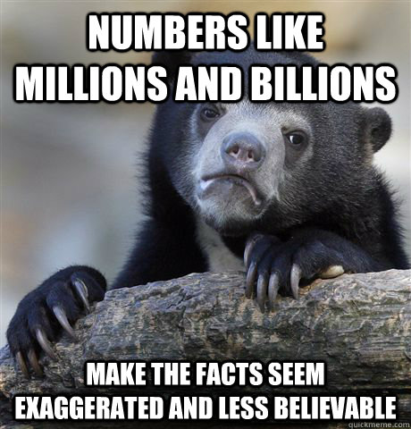 numbers like millions and billions make the facts seem exaggerated and less believable   Confession Bear
