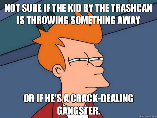 Not sure if the kid by the trashcan is throwing something away or if he's a crack-dealing gangster. - Not sure if the kid by the trashcan is throwing something away or if he's a crack-dealing gangster.  Futurama Fry