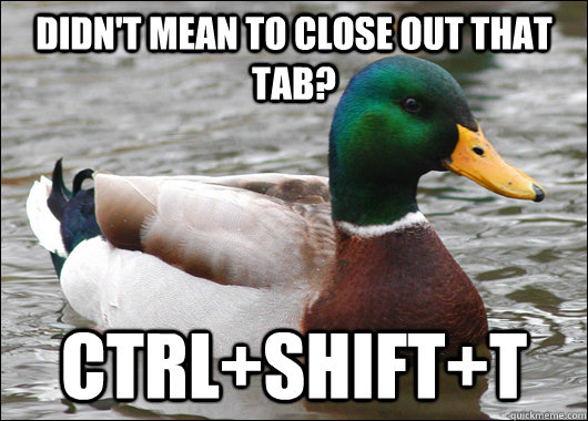 Didn't mean to close out that tab? Ctrl+Shift+T  Actual Advice Mallard