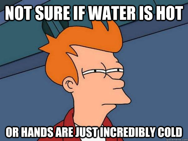 Not sure if water is hot Or hands are just incredibly cold - Not sure if water is hot Or hands are just incredibly cold  Futurama Fry
