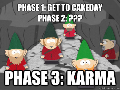 Phase 1: Get to cakeday
Phase 2: ??? Phase 3: Karma  