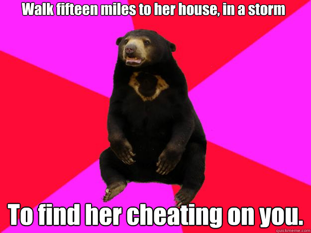 Walk fifteen miles to her house, in a storm To find her cheating on you.  Broken Heart Bear