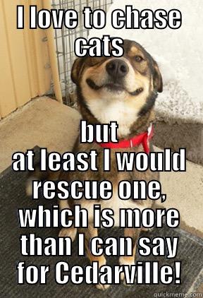 I LOVE TO CHASE CATS BUT AT LEAST I WOULD RESCUE ONE, WHICH IS MORE THAN I CAN SAY FOR CEDARVILLE! Good Dog Greg