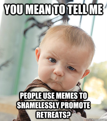 you mean to tell me People use memes to shamelessly promote retreats?  skeptical baby
