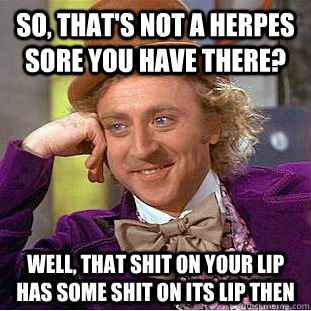 So, that's not a herpes sore you have there? well, that shit on your lip has some shit on its lip then  Condescending Wonka