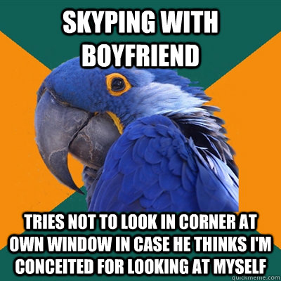 skyping with boyfriend tries not to look in corner at own window in case he thinks I'm conceited for looking at myself  Paranoid Parrot