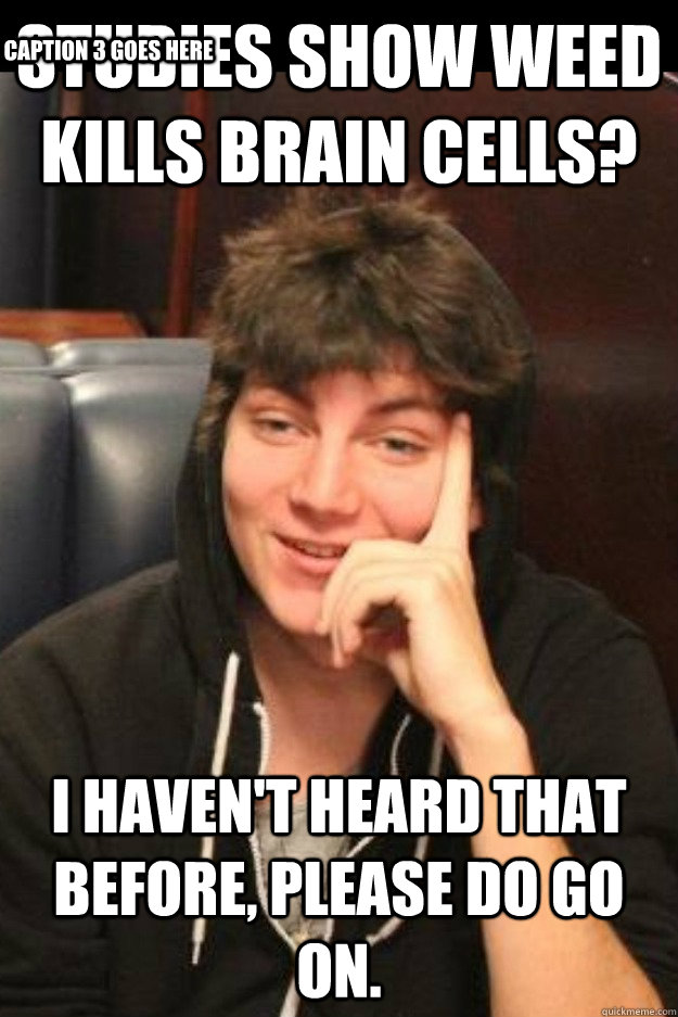 Studies show weed kills brain cells? I haven't heard that before, please do go on. Caption 3 goes here  