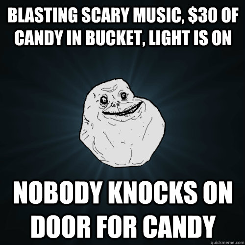 Blasting Scary music, $30 of candy in bucket, light is on Nobody knocks on door for candy  Forever Alone
