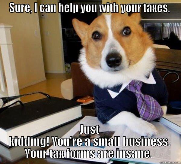 Accountant Dog Can Only Do So Much - SURE, I CAN HELP YOU WITH YOUR TAXES. JUST KIDDING! YOU'RE A SMALL BUSINESS. YOUR TAX FORMS ARE INSANE.  Lawyer Dog