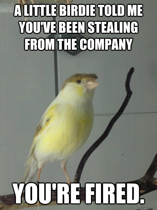 A little birdie told me you've been stealing from the company You're fired.  