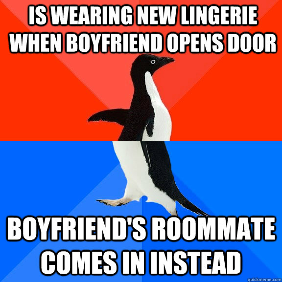 is wearing new lingerie when boyfriend opens door boyfriend's roommate comes in instead   Socially Awesome Awkward Penguin