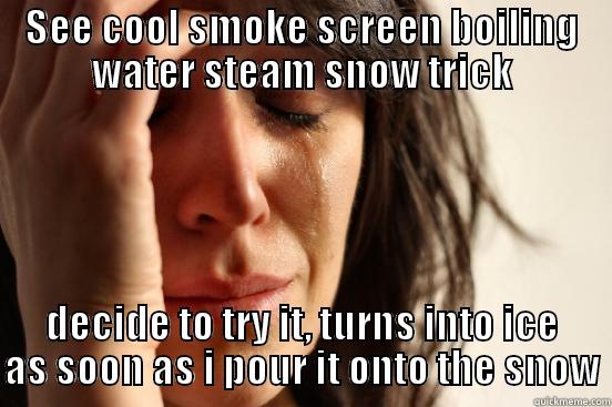 SEE COOL SMOKE SCREEN BOILING WATER STEAM SNOW TRICK DECIDE TO TRY IT, TURNS INTO ICE AS SOON AS I POUR IT ONTO THE SNOW First World Problems