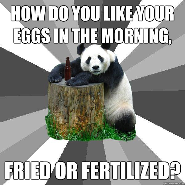 How do You like your eggs in the morning, Fried or fertilized?  Pickup-Line Panda