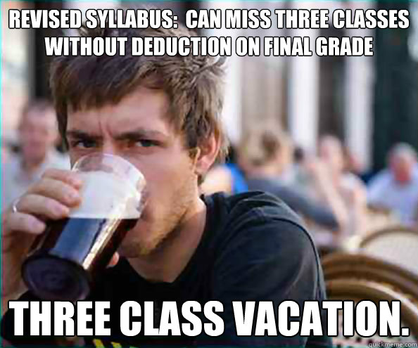 Revised syllabus:  Can miss three classes without deduction on final grade Three class vacation.  College Senior