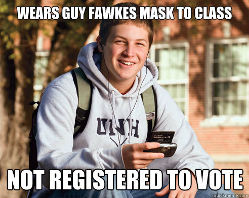 Wears Guy Fawkes Mask to class Not registered to vote  College Freshman