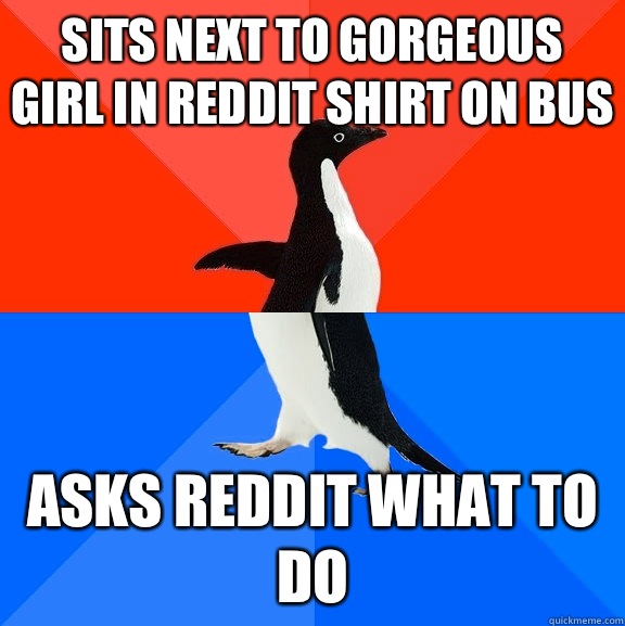 Sits next to gorgeous girl in reddit shirt on bus Asks reddit what to do  Socially Awesome Awkward Penguin
