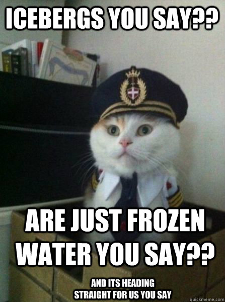 Icebergs you say?? are just frozen water you say?? and its heading straight for us you say   Captain kitteh