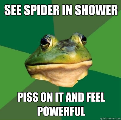 See spider in shower Piss on it and feel powerful  Foul Bachelor Frog