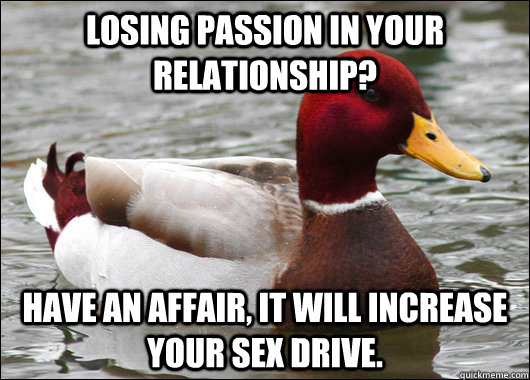 Losing passion in your relationship? Have an affair, it will increase your sex drive.  Malicious Advice Mallard