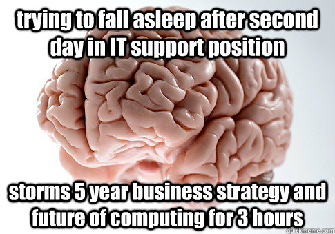 trying to fall asleep after second day in IT support position storms 5 year business strategy and future of computing for 3 hours  Scumbag Brain