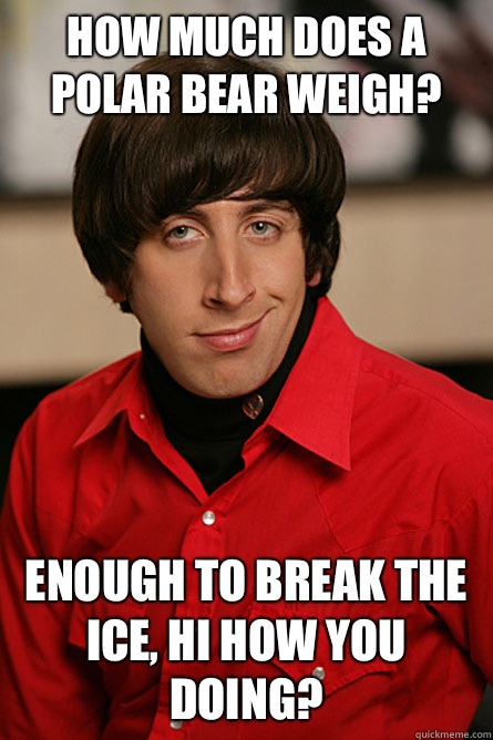 How much does a polar bear weigh? Enough to break the ice, hi how you doing?  Pickup Line Scientist