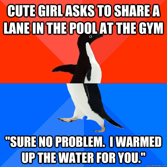 cute girl asks to share a lane in the pool at the gym 