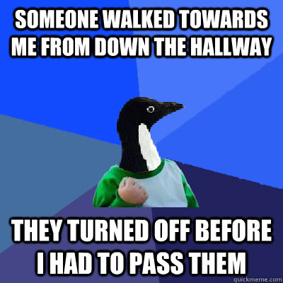 Someone walked towards me from down the hallway they turned off before i had to pass them  Socially Awkward Success Kid