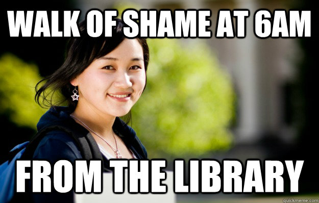 Walk of shame at 6am From the library  studious asian girl