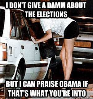 i don't give a damm about the elections But i can praise obama if that's what you're into  Karma Whore